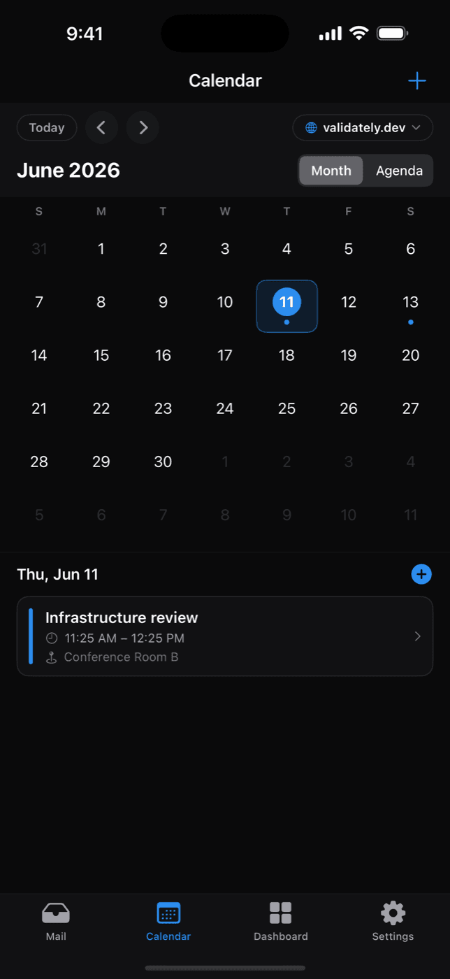 Calendar screen in the Mailpipe iOS app