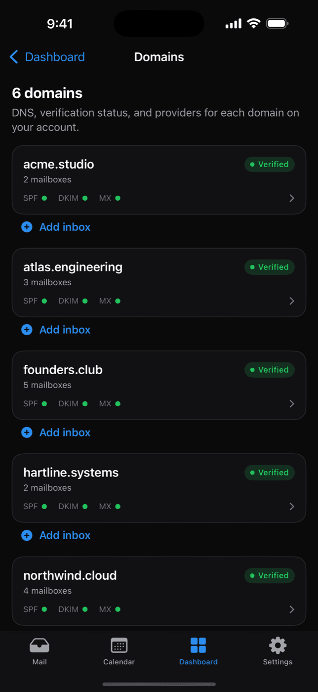 Domains screen in the Mailpipe iOS app showing six verified domains with SPF, DKIM, and MX status